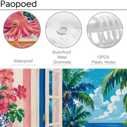 Tropical Octopus Shower Curtain, Ocean Bathroom Decor, 72 x 72