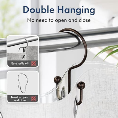 Bathway Shower Curtain Hooks Bronze Shower Curtain Rings, 12 Pcs Double Hook Shower Curtain Hooks Rings Shower Curtain Hangers Rust Proof, Metal Shower Hooks for Bathroom Shower Curtain Rod