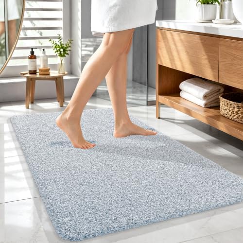 OLANLY Microfiber Bathroom Rugs 44x32, Quick Dry Mat, Airy Blue and White