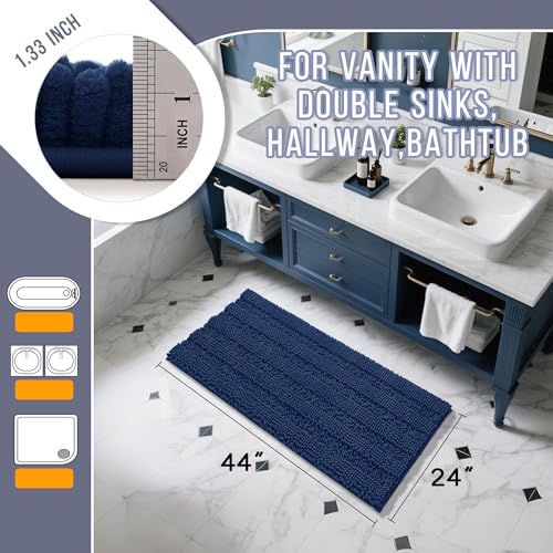 Yimobra Bathroom Rug Mat 44 x 24, Non Slip and Super Absorbent Bath Mat,Machine Washable Quick Dry,Ultra Plush Chenille Shower Rugs for Bathroom Floor Sink Tub and Shower Outside,Navy Blue