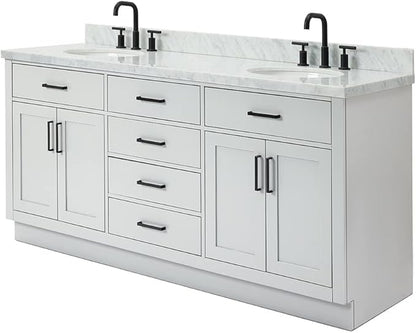 ARIEL Hepburn 72-inch Bathroom Vanity with Sink,Solid Wood, 1.5-inch Italian Carrara Marble Countertop & Backsplash, Double Oval Porcelain Sink, 4 Soft Closing Doors, 6 Dovetail Drawers, Grey