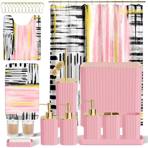 Bathroom Set - Bathroom Accessory Set, Pink Bathroom Set, 26PC Bathroom Sets with Shower Curtain and Rugs, Toilet Brush, Trash Can, Qtip Holder & Bathroom Soap Dispenser Set