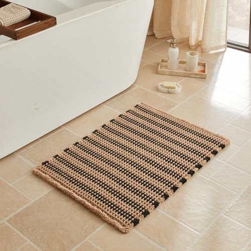 Triohero Waffle Bath Mat, Boho Bathroom Rugs Non Slip, 20x30 Khaki & Black
