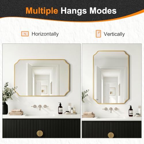 Delma Bathroom Vanity Mirror, Gold Framed Aluminum Bathroom Mirror for Over Sink, Scalloped Round Corner Wall Mirror, High-Definition Vanity Mirror, Hangs Horizontally or Vertically (36x24,Gold)