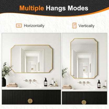 Delma Bathroom Vanity Mirror, Gold Framed Aluminum Bathroom Mirror for Over Sink, Scalloped Round Corner Wall Mirror, High-Definition Vanity Mirror, Hangs Horizontally or Vertically (36x24,Gold)