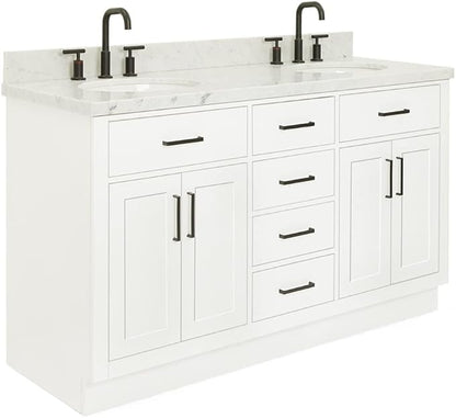 ARIEL Hepburn 60-inch Bathroom Vanity with Sink,Solid Wood, 1.5-inch Italian Carrara Marble Countertop & Backsplash, Double Oval Porcelain Sink, 4 Soft Closing Doors, 6 Dovetail Drawers, White