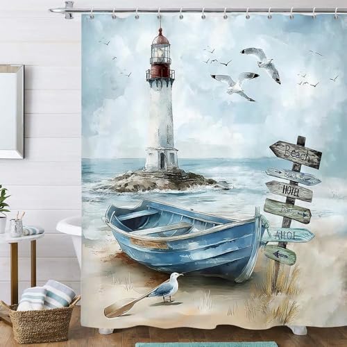 Nautical Coastal Shower Curtain, Ocean Beach Lighthouse Shower Curtain, Blue Teal Seasides Sailboat Bathroom Accessories Fabric Waterproof with Hooks, 72X72in