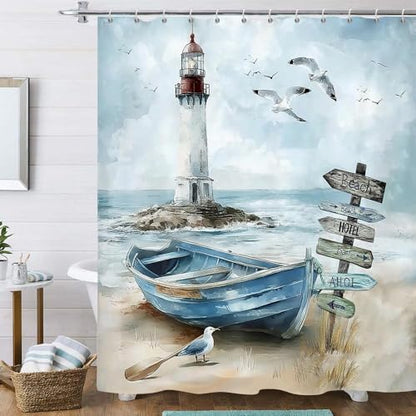 Nautical Coastal Shower Curtain, Ocean Beach Lighthouse Shower Curtain, Blue Teal Seasides Sailboat Bathroom Accessories Fabric Waterproof with Hooks, 72X72in