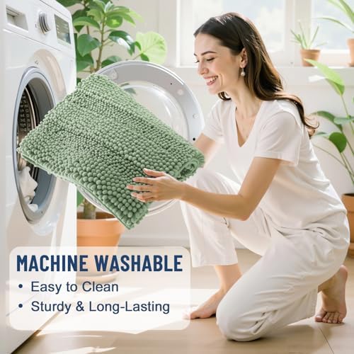 Grandaily Chenille Striped Bathroom Rugs 30x20, Extra Thick and Absorbent Bath Mats, Non-Slip Soft Plush Shaggy Shower Carpet, Machine Wash Dry, Bath Rug for Bathroom, (Medium, Grayish Green)