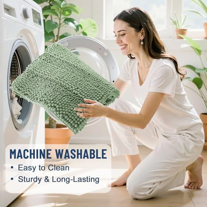 Grandaily Chenille Striped Bathroom Rugs 40x24, Extra Thick and Soft Absorbent Bath Mats, Rubber Backing, Plush Shaggy Shower Carpet, Machine Wash Dry, Bath Rug for Bathroom, Grayish Green