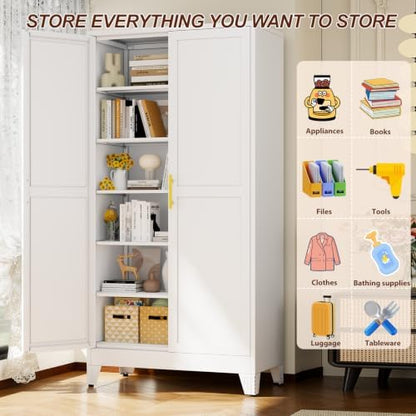 79" White Tall Metal Storage Cabinet with 2 Doors and 5 Adjustable Shelves,Steel Garage Tool Cabinet, File Cabinet,Kitchen Pantry Cabinet for Home,Office,Garage,School,Warehouse