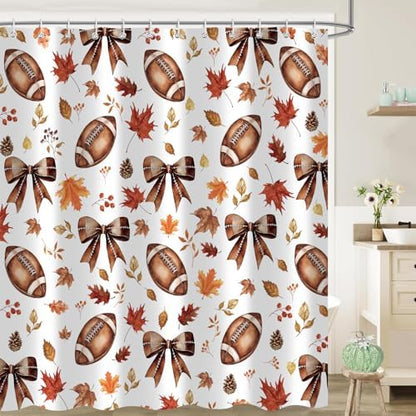 Fall Shower Curtain, Football Maple Leaves Bow Autumn Thanksgiving Funny Bathroom Decor, 72 x 72 Inch Polyester Fabric Waterproof Bathroom Curtain with 12 Hooks