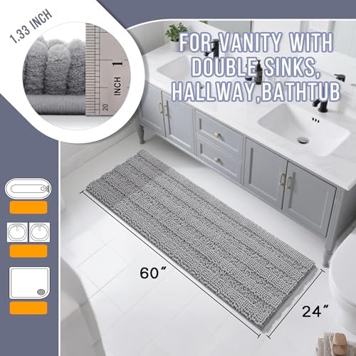 Yimobra Bathroom Runner Rugs 60"x24", Non Slip and Absorbent Bath Mat, Super Soft Water Absorbent Hallway Carpet, Machine Washable Rug for Vanity Tub Shower, Gray