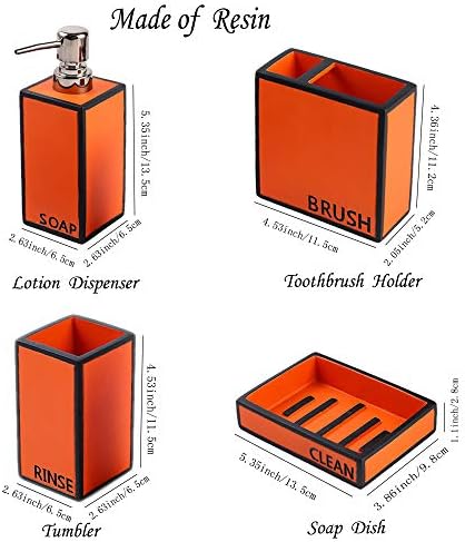 Hymmah Bathroom Accessories Set,Toothbrush Holder,Farmhouse Bathroom Decor,4 Pcs Resin Gift Set Apartment Necessities, Contain Toothbrush Cup,Soap Dispenser,Soap Dish,Tumbler Orange