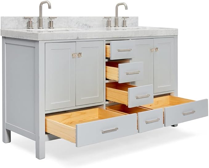 ARIEL Cambridge 60-inch Bathroom Vanity with Sink,Solid Wood, 2-inch Italian Carrara Marble Countertop, Double Rectangular Porcelain Sink, 4 Soft Closing Doors, 6 Dovetail Drawers, Grey