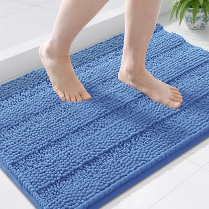 Grandaily Chenille Striped Bathroom Rugs 36x24, Extra Thick and Soft Absorbent Bath Mats, Rubber Backing, Plush Shaggy Shower Carpet, Machine Wash Dry, Bath Rug for Bathroom, Cornflower Blue