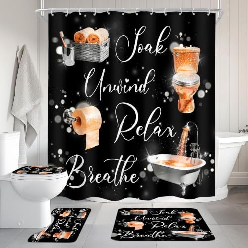 Burnt Orange Fashion Funny Words 4Pcs Bathroom Shower Curtain Set with Rugs