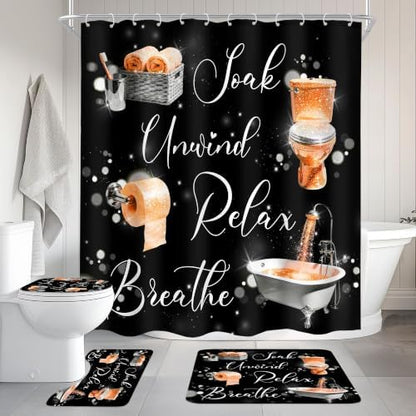 Burnt Orange Fashion Funny Words 4Pcs Bathroom Shower Curtain Set with Rugs