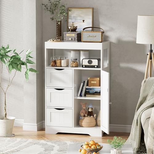 JUMMICO Bathroom Floor Cabinet, Wooden Free-Standing Storage Organizer with 1 Door and 3 Drawers, Bathroom Storage Cabinet for Living Room/Kitchen/Hallway/Home Office (Light White, 3 Drawers)