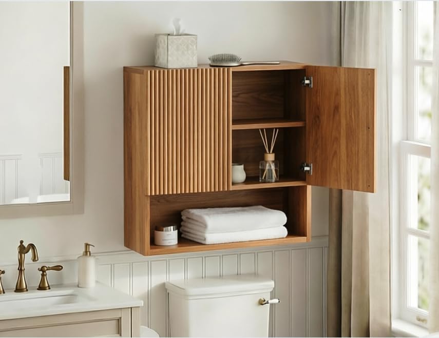 USHOWER Brown Oak Bathroom Wall Cabinet with Fluted Doors & Open Shelf