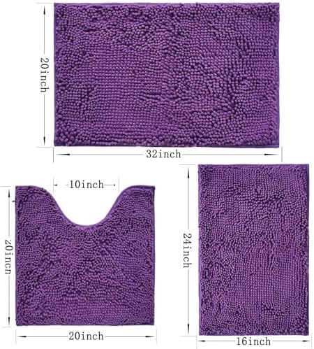 Bathroom Rugs Sets 3 Piece Non Slip,Bath Rugs with PVC Backing Bath Carpet,Bathroom Rug Washable,Absorbent,Plush Carpet Mats,Bath Mats for Bedroom, Kitchen,Tub,Home Decor (Purple)