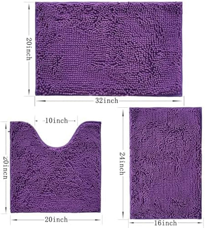 Bathroom Rugs Sets 3 Piece Non Slip,Bath Rugs with PVC Backing Bath Carpet,Bathroom Rug Washable,Absorbent,Plush Carpet Mats,Bath Mats for Bedroom, Kitchen,Tub,Home Decor (Purple)