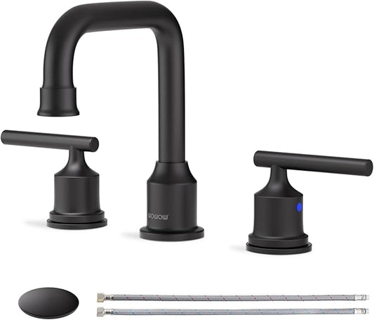 Black Bathroom Faucet 3 Holes, WOWOW Widepread Bathroom Sink Faucets 2 Handle, 8 Inch Vanity Tap with Drain and Supply liness Moddern