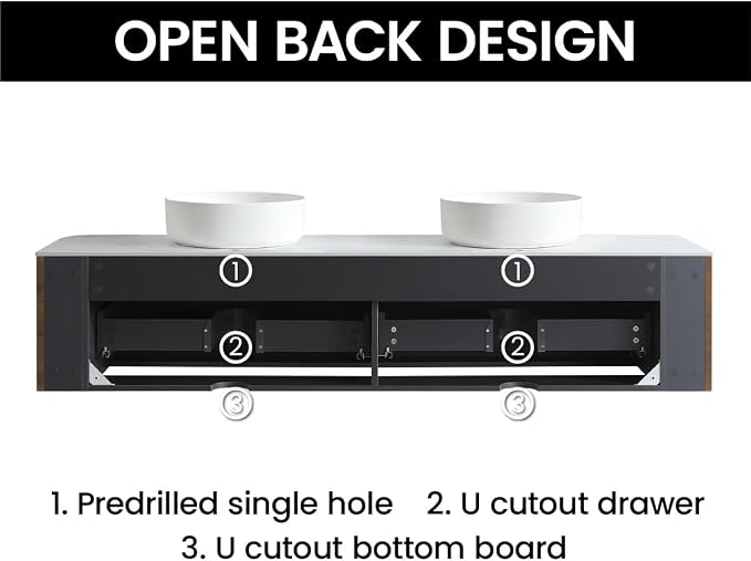 72" Preassembled Double Floating Bathroom Vanity with Round Sink, Walnut | Mid-Century Modern Style, Fluted & Soft-Close Drawer with U-shaped Wall, Sinterted Stone Countertop, Towel Rack Included