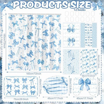 FuWeave 8 Pcs Blue Shower Curtain Set Coquette Blue Bathroom Decor Aesthetic Bow Knot Waterproof Shower Curtain Towels Non Slip Rug Toilet Lid Cover Bath Mat with 12 Hooks for Women Home Bath