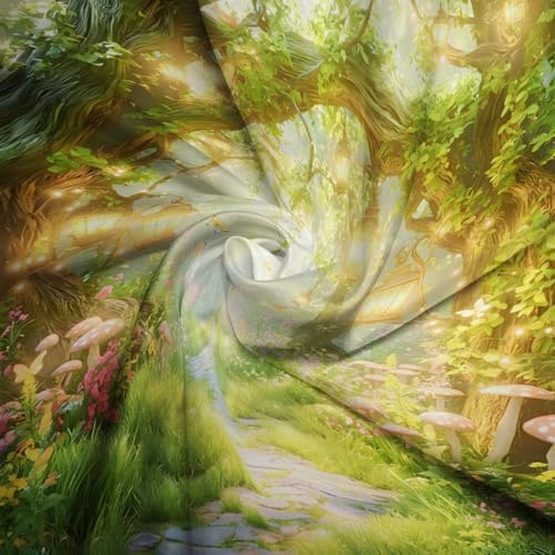 Fantasy Forest Path Shower Curtain Fairy Magical Enchanted Misty Jungle Mushroom Floral Tree Butterfly Lantern Spring Wonderland Bath Curtain Fabric Bathroom Accessories Decor with Hooks 35W x70L