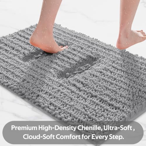 ACCUMTEK Upgrade Extra Large Light Grey Bathroom Rug Set 3 Pieces Gray Ultra Soft, Thick Absorbent Bath Mats, Non Slip Chenille Toilet Mat for Bathroom, Bedroom, Kitchen