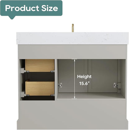 42 Inch Bathroom Vanity with Sink Combo, Solid Wood Frame with Stone Top & Backspalsh, Fully-Assembled with Soft-Closing Doors & 4 Drawers, Greige