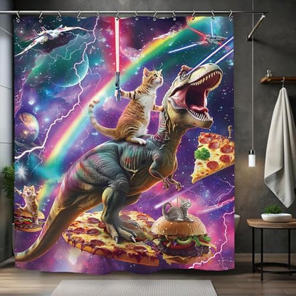 Funny Dinosaur Cat Shower Curtain 60Wx72L Inch Cool Kids Boys Galaxy Space Universe Hilarious Animal Bathroom Set Accessories Decor with 12 Pack Hooks