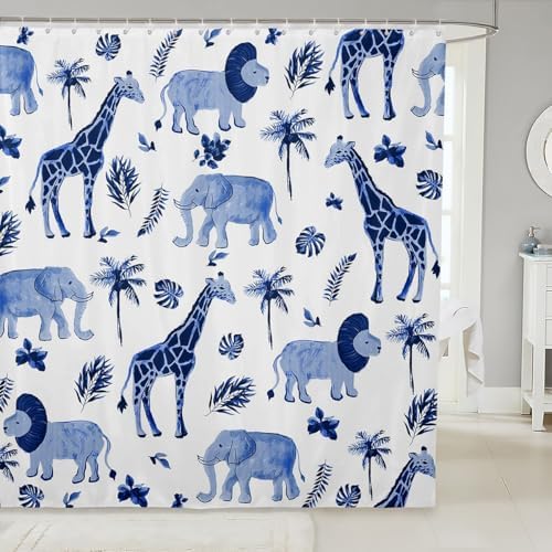 Feelyou Safari Animal Shower Curtain Kids Boys Elephant Lion Giraffe Bathroom Waterproof Accessories with 12 Hooks 72x72 Inches Hunter Blue Rust Wildlife Room Decor