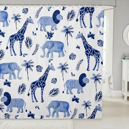 Feelyou Safari Animal Shower Curtain Kids Boys Elephant Lion Giraffe Bathroom Waterproof Accessories with 12 Hooks 72x72 Inches Hunter Blue Rust Wildlife Room Decor