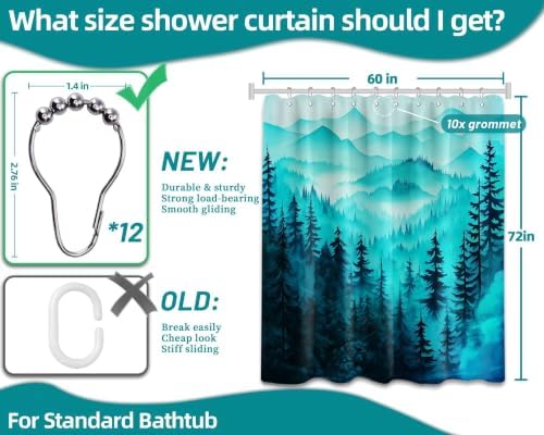 Dark Teal Forest Shower Curtain, 60X72 in, Mountain Rustic Pine Tree