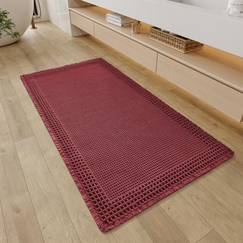 RESARE Waffle Bathroom Runner Rugs, Non Slip Boho Bath Mat 24"x48" Dark Red