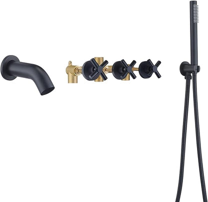 SUMERAIN Wall Mount Bathtub Faucet with Hand Shower,3 Handle Tub Shower Faucet Matte Black High Flow Waterfall Tub Filler