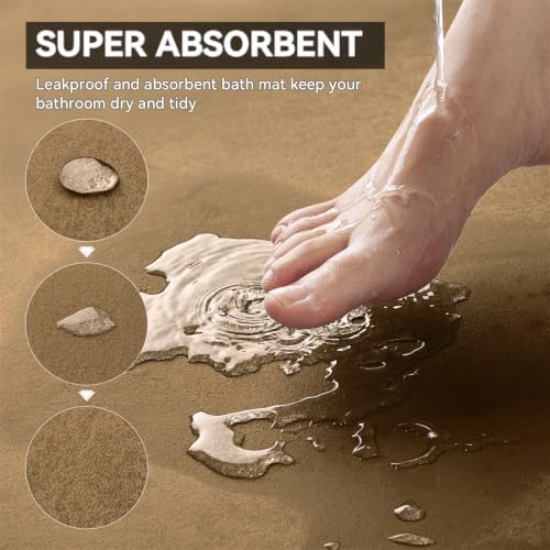 MontVoo -Bath Mat Rug-Rubber Backing Non Slip Quick Dry Absorbent Thin Bathroom Rugs Fit Under Door-Faux Suede Surface Bathroom Floor Mats-Shower Rug for in Front of Bathtub Shower Camel 17"x27.5"