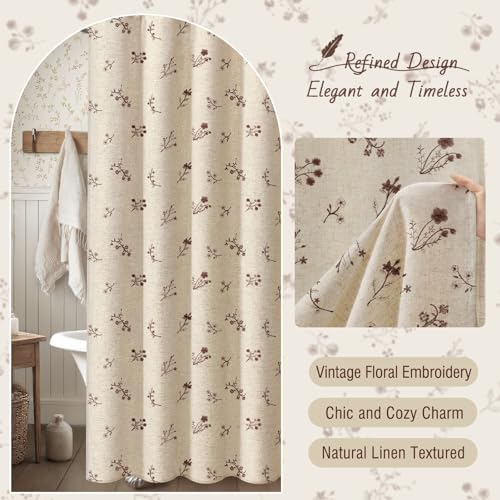 Brown Floral Vintage Linen Shower Curtain Embroidered Textured 72Wx72H