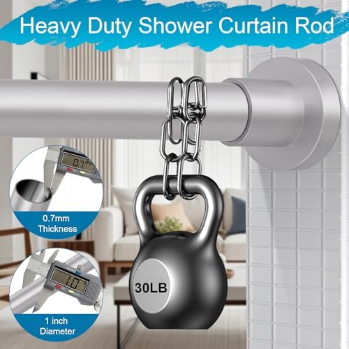 YNL Silver Shower Curtain Rod 32-64 Inch(2.7-5.33ft), Non-Slip, Never Rust, Stainless Steel No Drill Spring Tension Shower Rod, Adjustable Long Curtain Rod for Bathroom Window