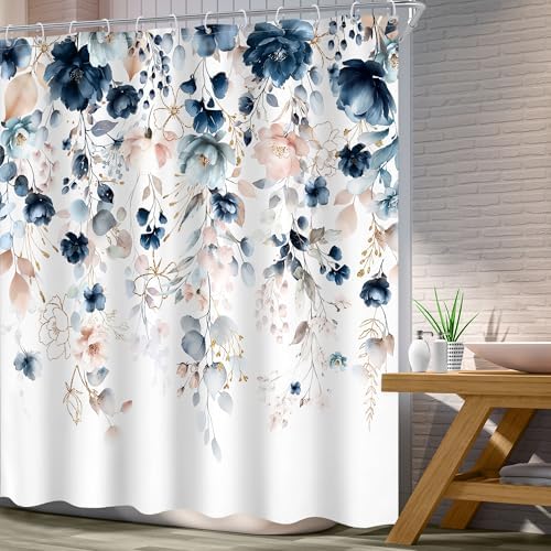 Extra Long Flower Spring Blue Pink Bathroom Shower Curtain Set