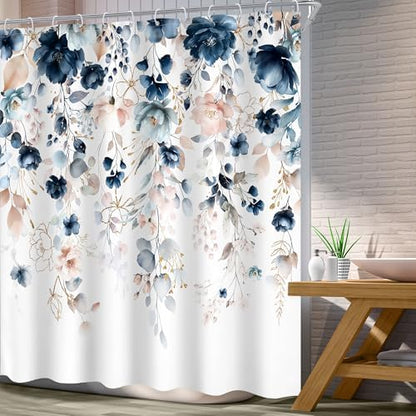 Extra Long Flower Spring Blue Pink Bathroom Shower Curtain Set