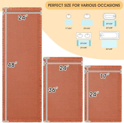 Upgrade Waffle Bath Mat Set 3 Piece, Boho Bathroom Rugs Absorbent Non Slip, Soft Bathroom Mats, Machine Washable Knit Bath Rugs with Border for Bathroom, Bedroom, Kitchen, Shower, Tub, Burnt Orange
