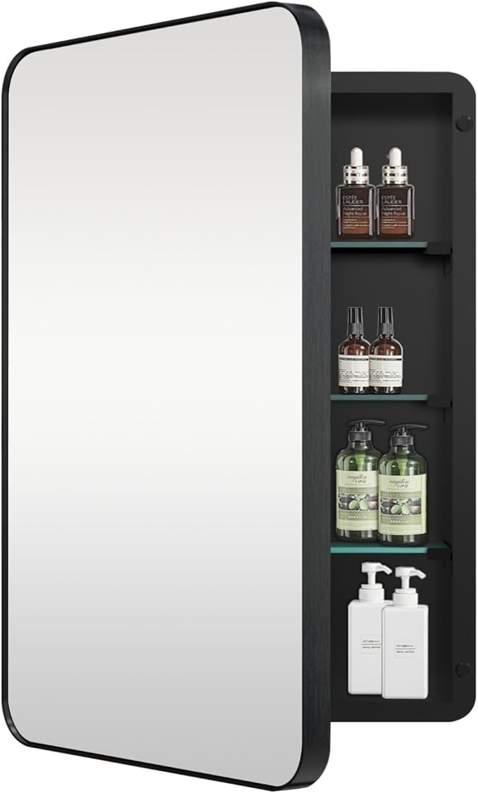 Medicine Cabinet with Mirror, 20x26 Inch Black Bathroom Mirrored Cabinet, Metal Framed Wall Cabinet with Mirror, Modern Surface Mount or Recessed Medicine Cabinet with Storage