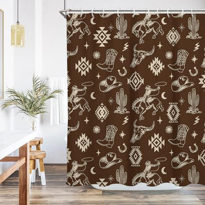 Brown Western Cowboy Shower Curtain, 12 Hooks, 60" W x 72" L