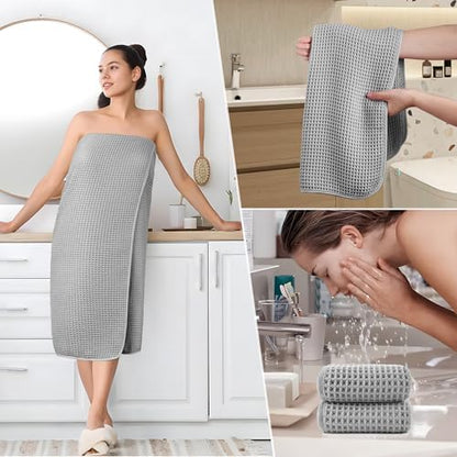 POLYTE 430 GSM Poly Blend Microfiber Quick Dry Waffle Bath Towel Set of 6