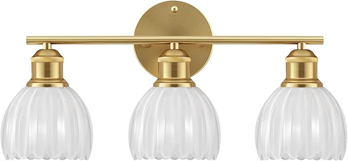 Bathroom Light Fixtures, 3-Light Brushed Gold Vanity Lights for Bathroom with White Tulip Glass Shade, 20" Vintage Bathroom Vanity Lighting Fixtures Over Mirror for Bedroom Living Room Hallway