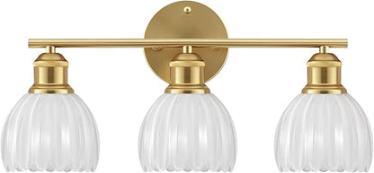 Bathroom Light Fixtures, 3-Light Brushed Gold Vanity Lights for Bathroom with White Tulip Glass Shade, 20" Vintage Bathroom Vanity Lighting Fixtures Over Mirror for Bedroom Living Room Hallway
