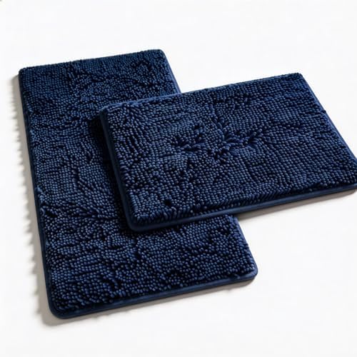 Non Slip Washable 2 Piece Extra Absorbent Shaggy Chenille Bathroom Rugs and Mats Sets, Soft & Dry Bath Rug/Mat Sets for Bathroom Washable Carpets Set Navy Blue Blue